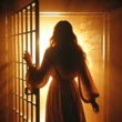 Mujer escapando de una jaula con luz dorada interior, concepto de liberación espiritual y transformación personal.