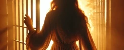 Mujer escapando de una jaula con luz dorada interior, concepto de liberación espiritual y transformación personal.