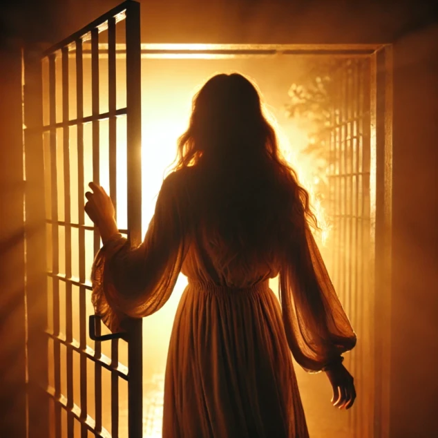 Mujer escapando de una jaula con luz dorada interior, concepto de liberación espiritual y transformación personal.